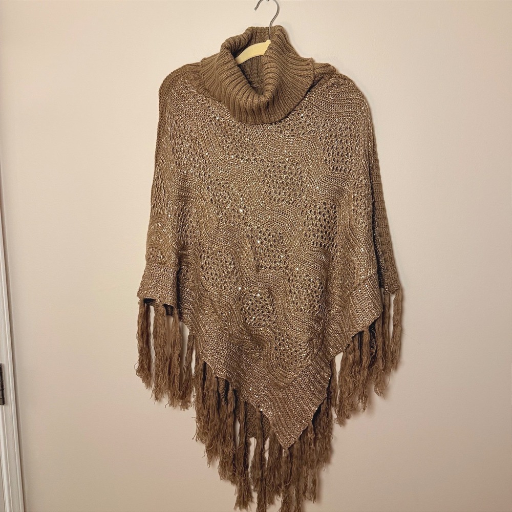 VTG Brown Knit Poncho Sweater Turtleneck Y2K Sparkle Sequins One Size Womens